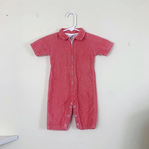Vintage 60s Red Houndstooth Corduroy Jumpsuit 3-6 Months - Picture 1 of 10